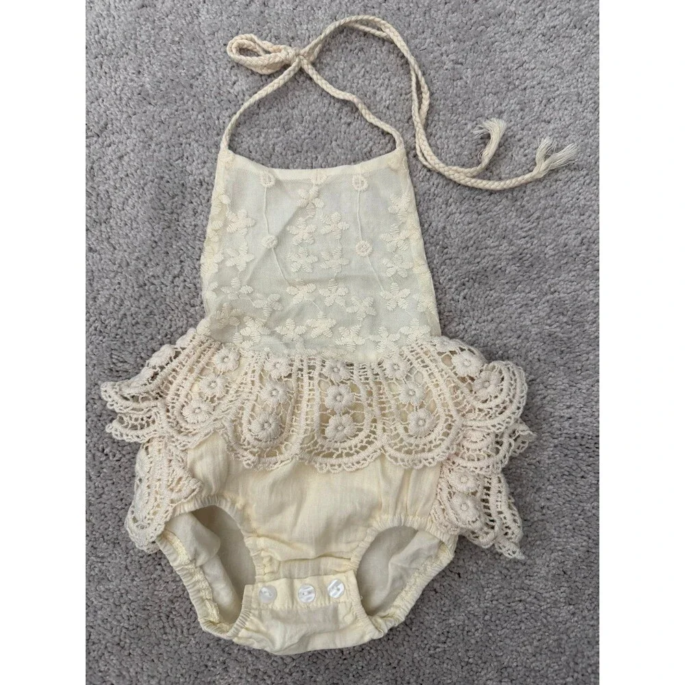 Baby Girl Ruffle Bottom Bubble Romper Soft Cream Halter Jumper